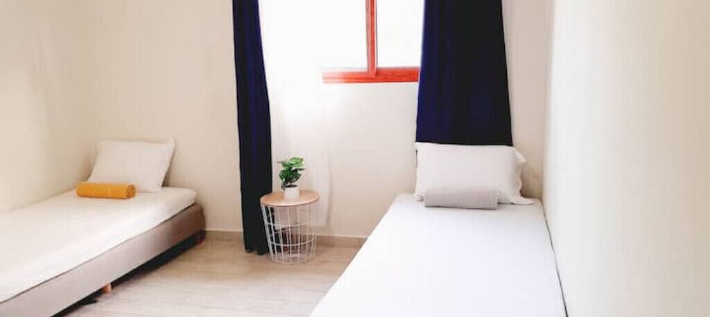 Ein kleines, sauberes Zimmer mit zwei Einzelbetten, einem Tisch mit einer Pflanze und einem Fenster mit Vorhängen.