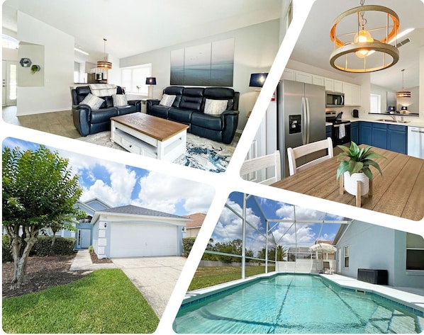 A modern home interior with a living room, dining area, kitchen, and a backyard with a swimming pool.