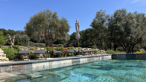 A clear pool with lounge chairs and umbrellas, surrounded by trees and a stone wall. - Le Mas Golie (Le Castellet)