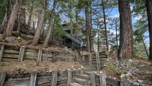Un escalier en bois qui monte une colline boisée, avec un bâtiment au sommet.