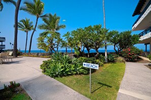 A beach sign, palm trees, and a view of the ocean. - Casa De Emdeko 230 (Kailua-Kona)