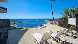 A pool area with lounge chairs, a palm tree, and a sign indicating pool rules.