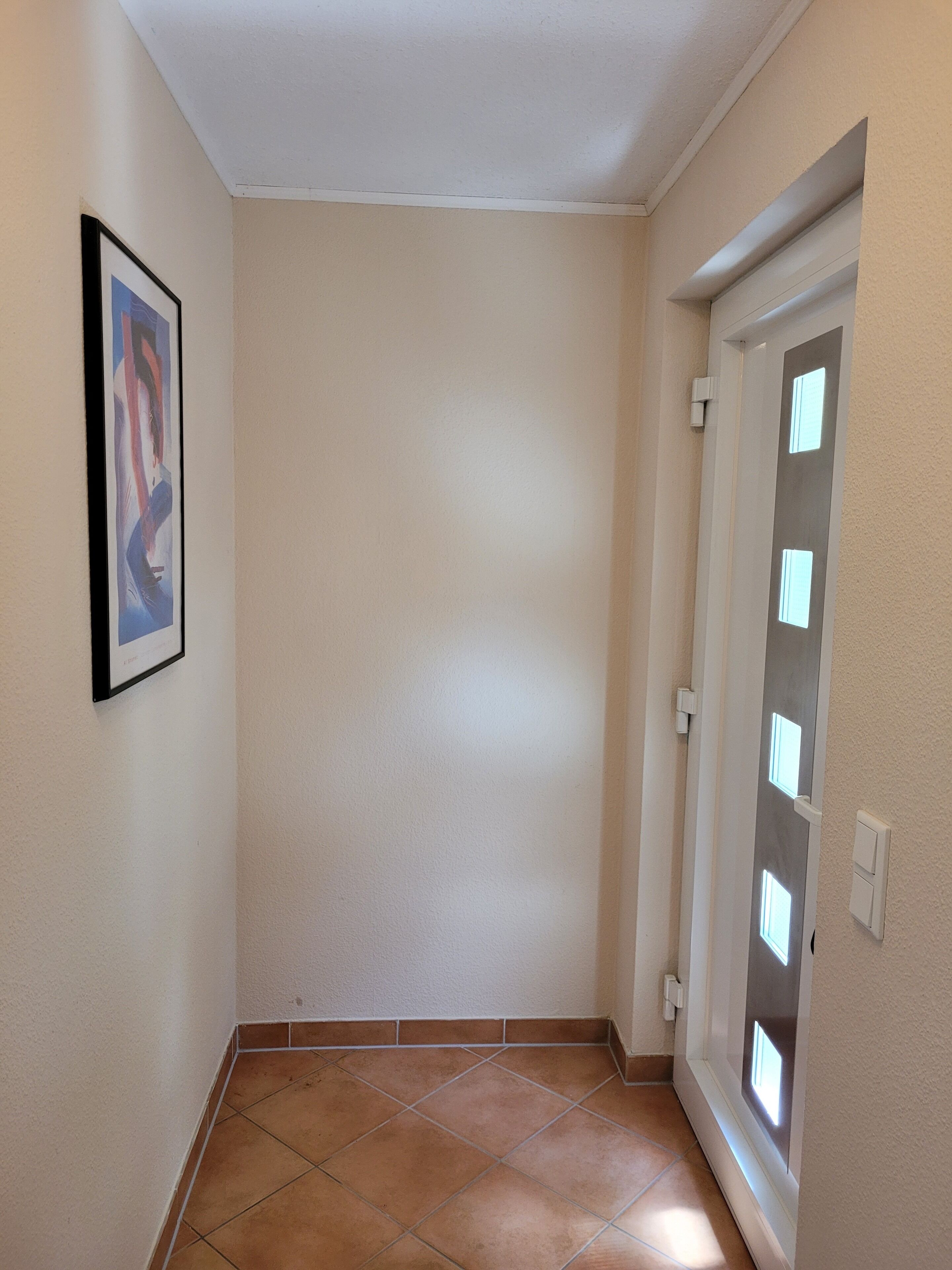 A hallway with a tiled floor, a door with windows, and a framed picture on the wall.