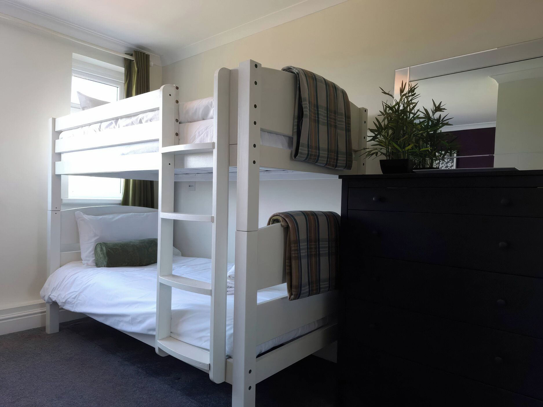 A bunk bed with a window, a dresser, and a potted plant.