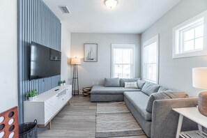 Smart TV, fireplace, books