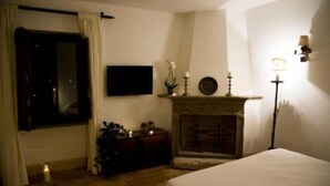 Ein Schlafzimmer mit einem Bett, einem Kamin, einem Fernseher und einem Nachttisch mit Lampe.