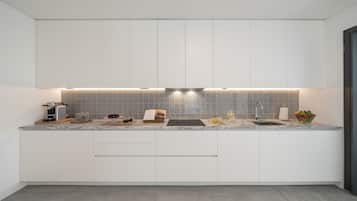 Premium Villa | Private kitchen | Full-sized fridge, microwave, oven, stovetop