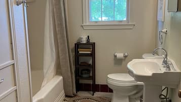 Hair dryer, towels, soap, shampoo