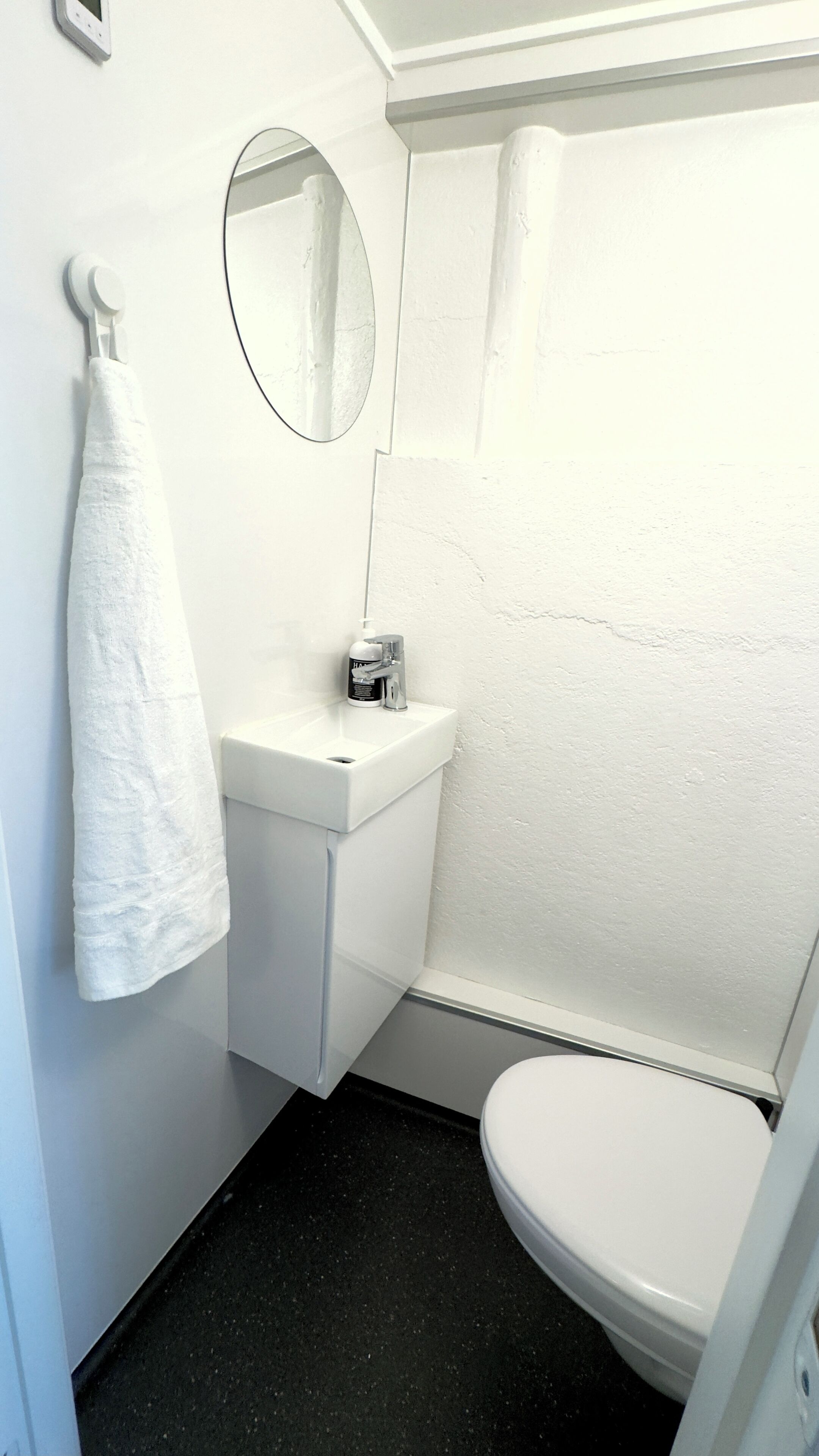 A small, white bathroom with a toilet, a sink, and a mirror.
