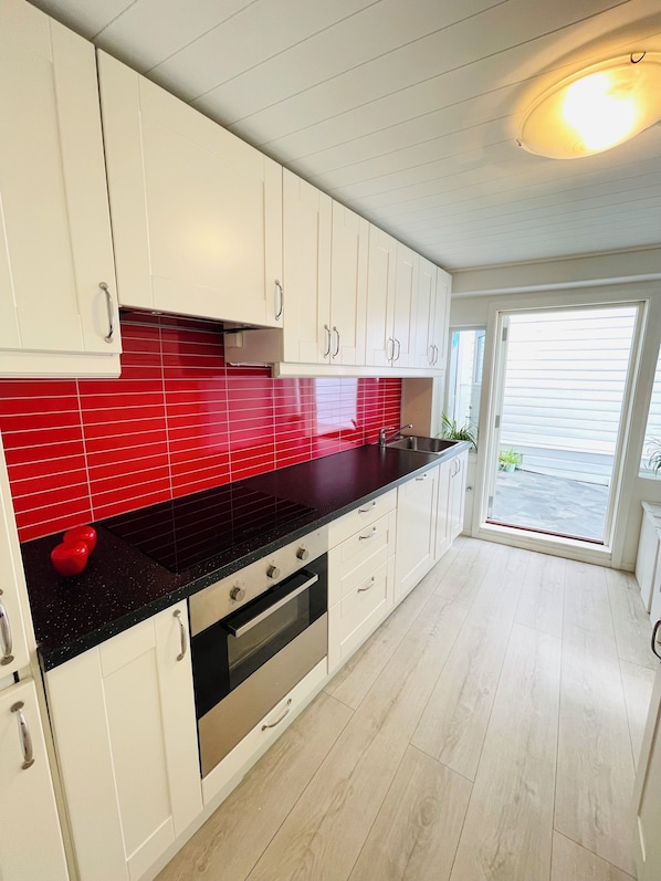 Full-sized fridge, microwave, oven, stovetop