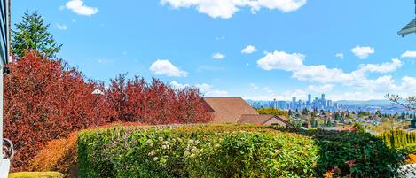A residential area with a well-maintained garden, a view of a city skyline, and a clear blue sky.