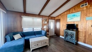 Un salon avec un canapé bleu, un meuble en bois et un téléviseur.