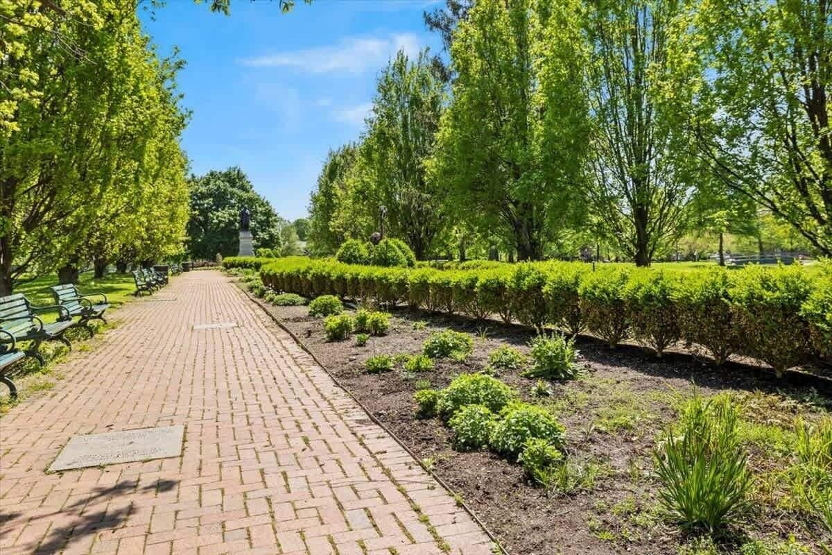 A paved pathway in a park with benches and trimmed hedges.