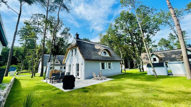 A house with a thatched roof, surrounded by a well-maintained lawn and trees.