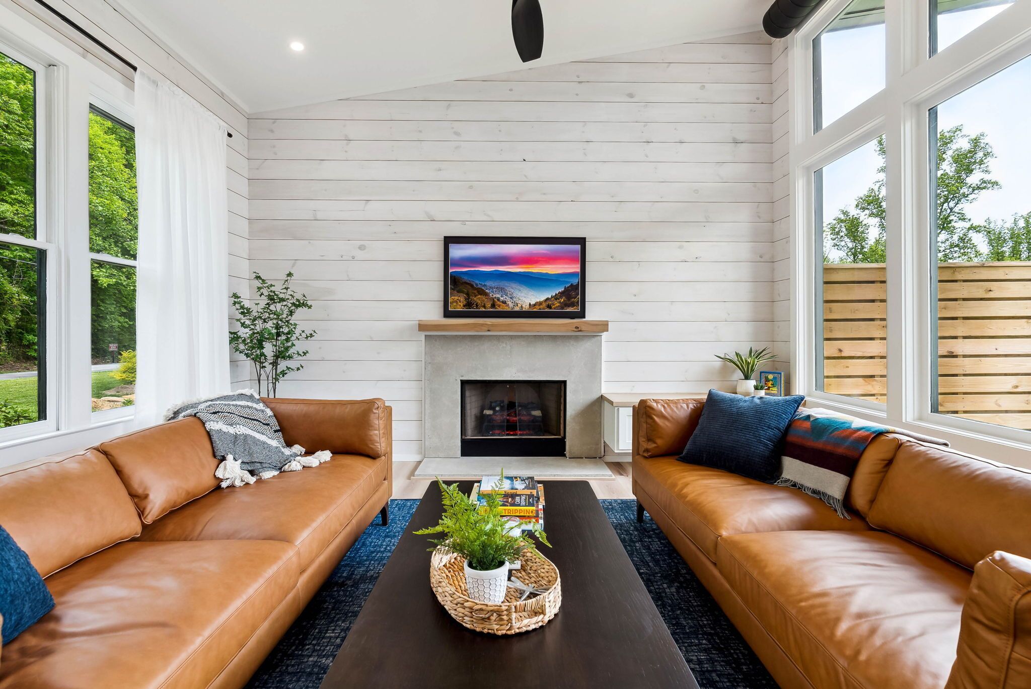 Una Smart TV, una chimenea, libros, un reproductor estéreo