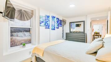 2 bedrooms, desk, laptop workspace, iron/ironing board