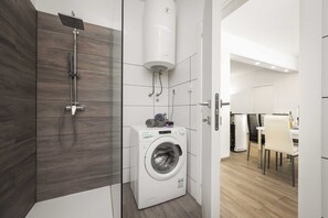 Shower, hair dryer, towels, toilet paper