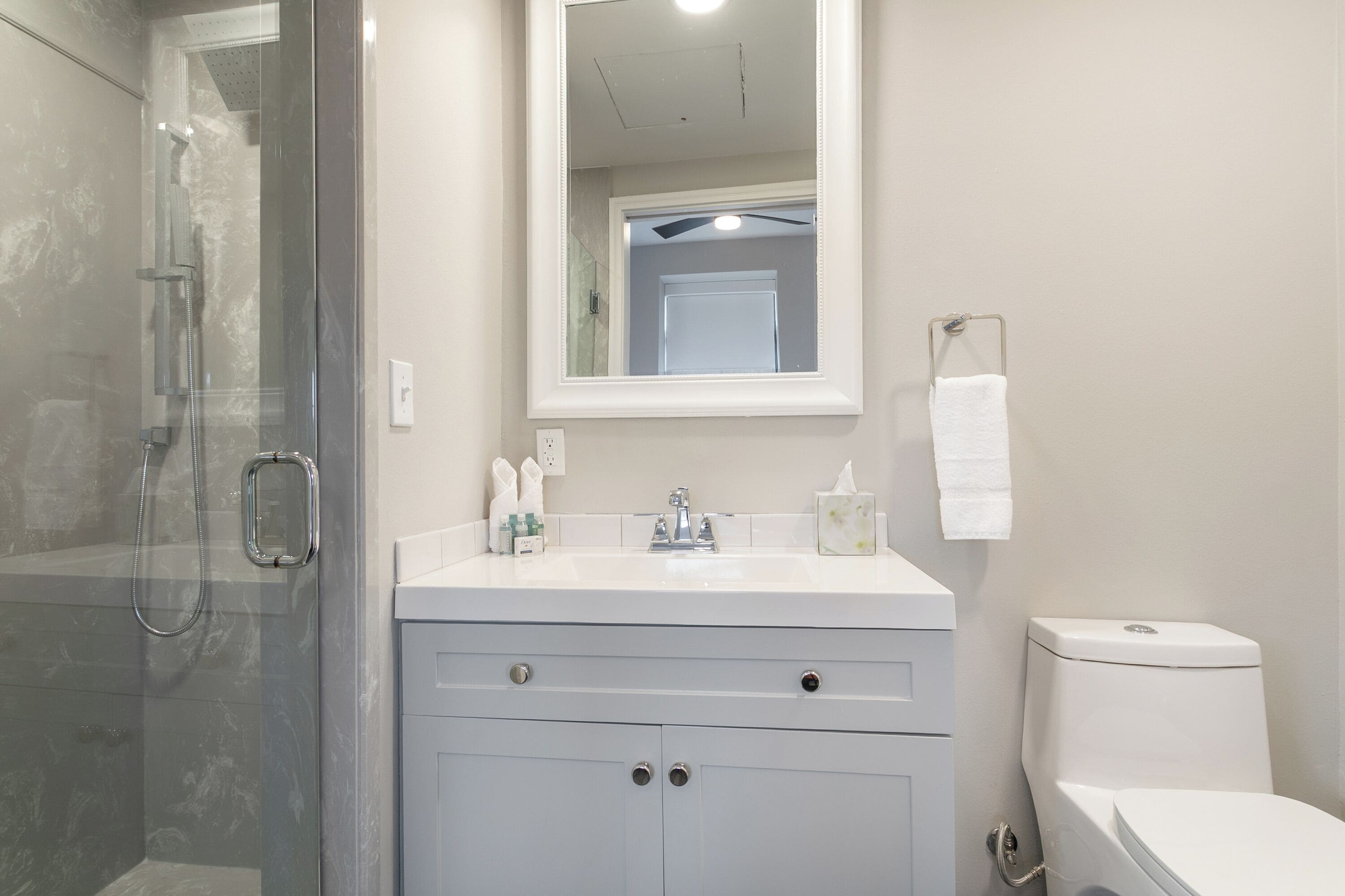 A bathroom with a glass-enclosed shower, a white sink with a mirror above it, and a toilet.