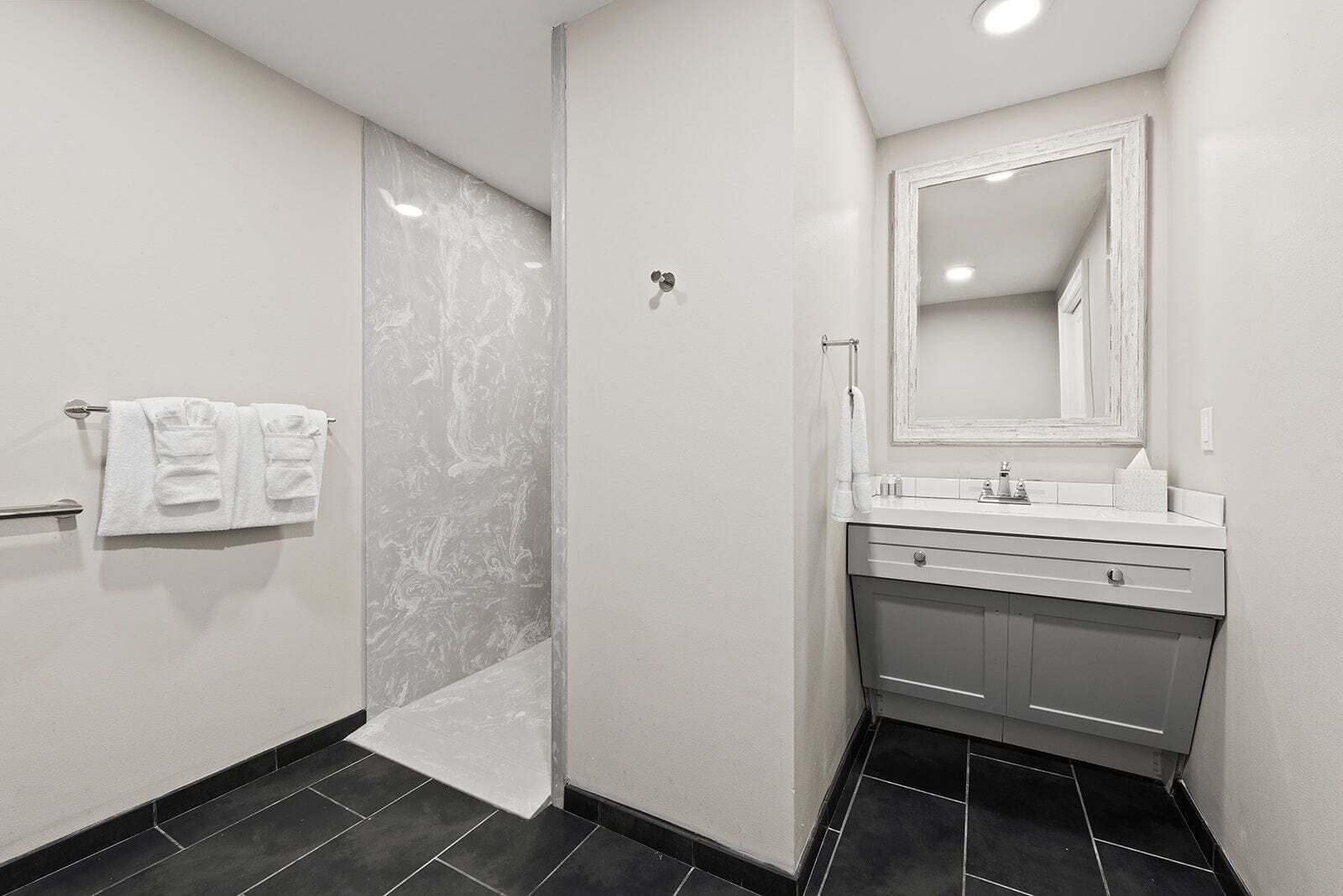 Een moderne badkamer met een douche, een wastafel en een spiegel.
