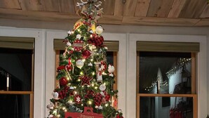 Un sapin de Noël décoré d’ornements, un camion jouet et des cadeaux emballés.