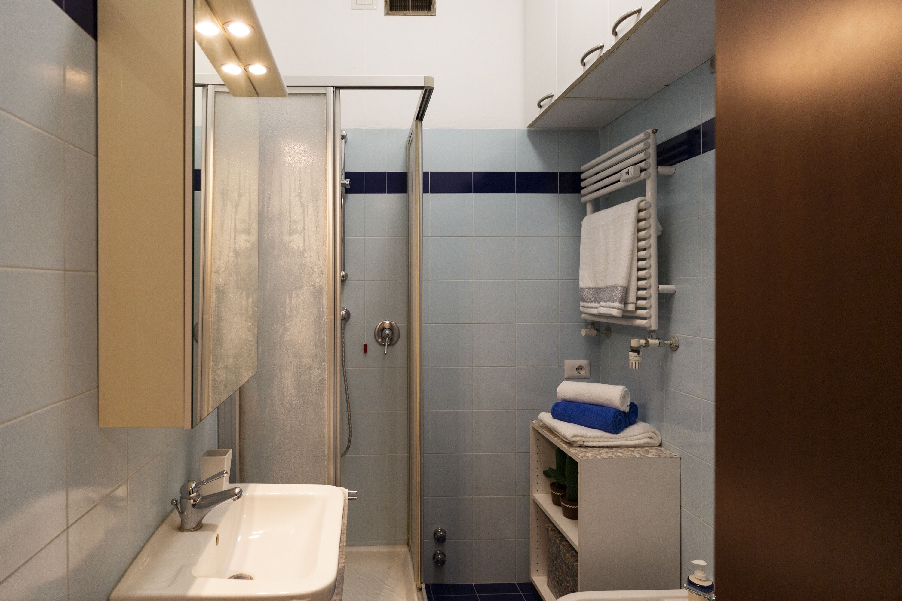 A compact bathroom with a white sink, a glass shower enclosure, and a towel rack with folded towels.