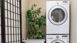 Un espace buanderie comprenant un lave-linge, un évier et une plante en pot.