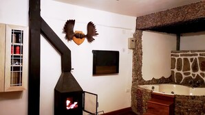 Una habitación acogedora con estufa de leña, pared de piedra y chimenea de piedra.
