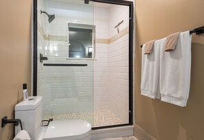 Combined shower/tub, hair dryer, towels