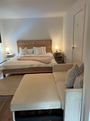 Another view of second floor primary bedroom with pull out couch + closet