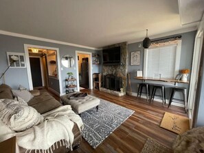 Smart TV, fireplace, books