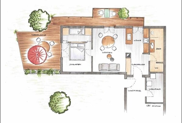 A floor plan of a hotel with a terrace, a living room, a dining area, a bathroom, and a kitchen.