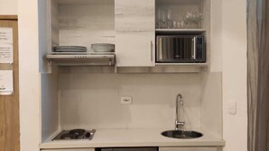 Una cocina compacta con lavavajillas integrado, un fregadero y un microondas.