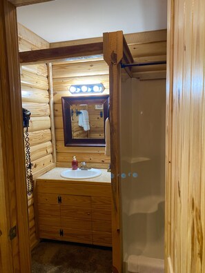 Shower, jetted tub - Cozy Cabin, Jacuzzi Tub, Kitchenette, Mountain View, ATV access to trails (Mena)