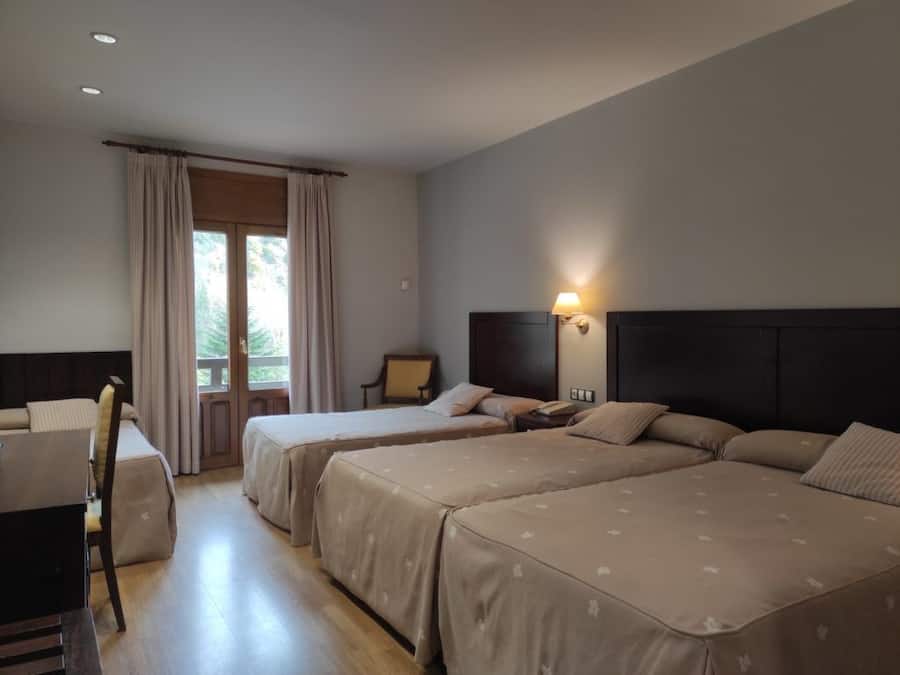 Habitación de hotel con dos camas, un escritorio y una silla.