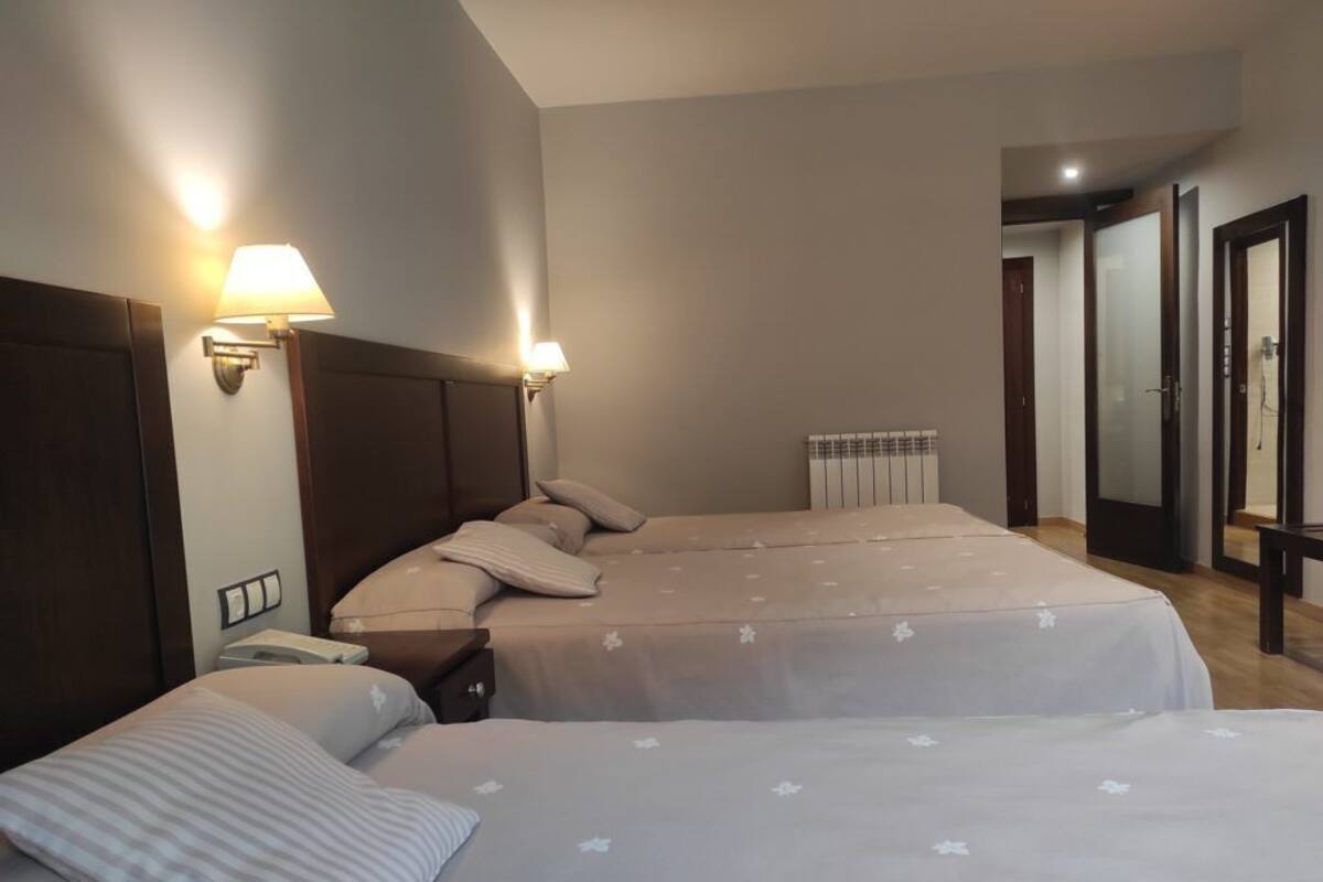 A hotel room with two beds, a nightstand, a lamp, a radiator, and a mirror.