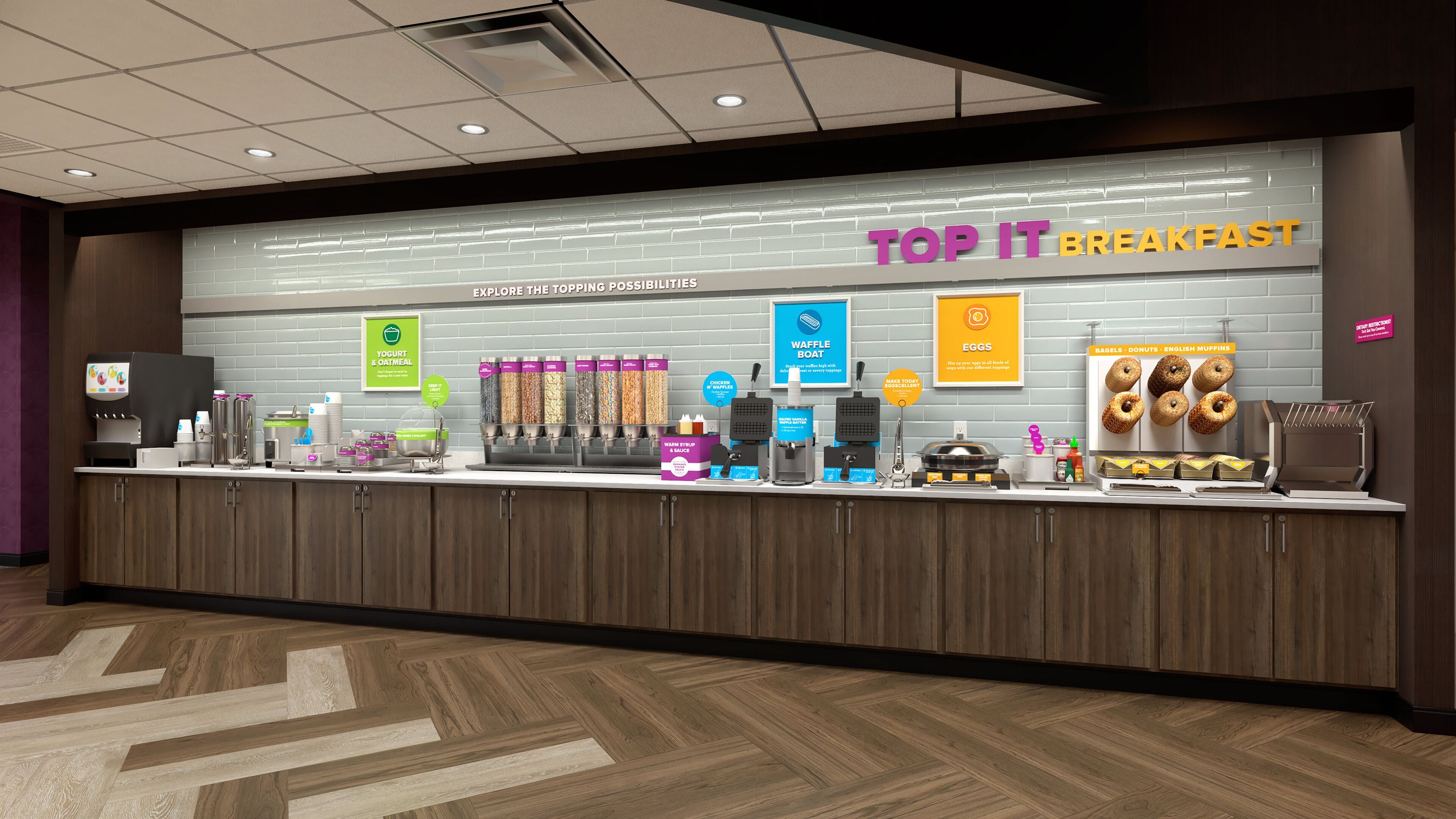 A breakfast bar with various food options and a sign reading "TOP IT BREAKFAST".
