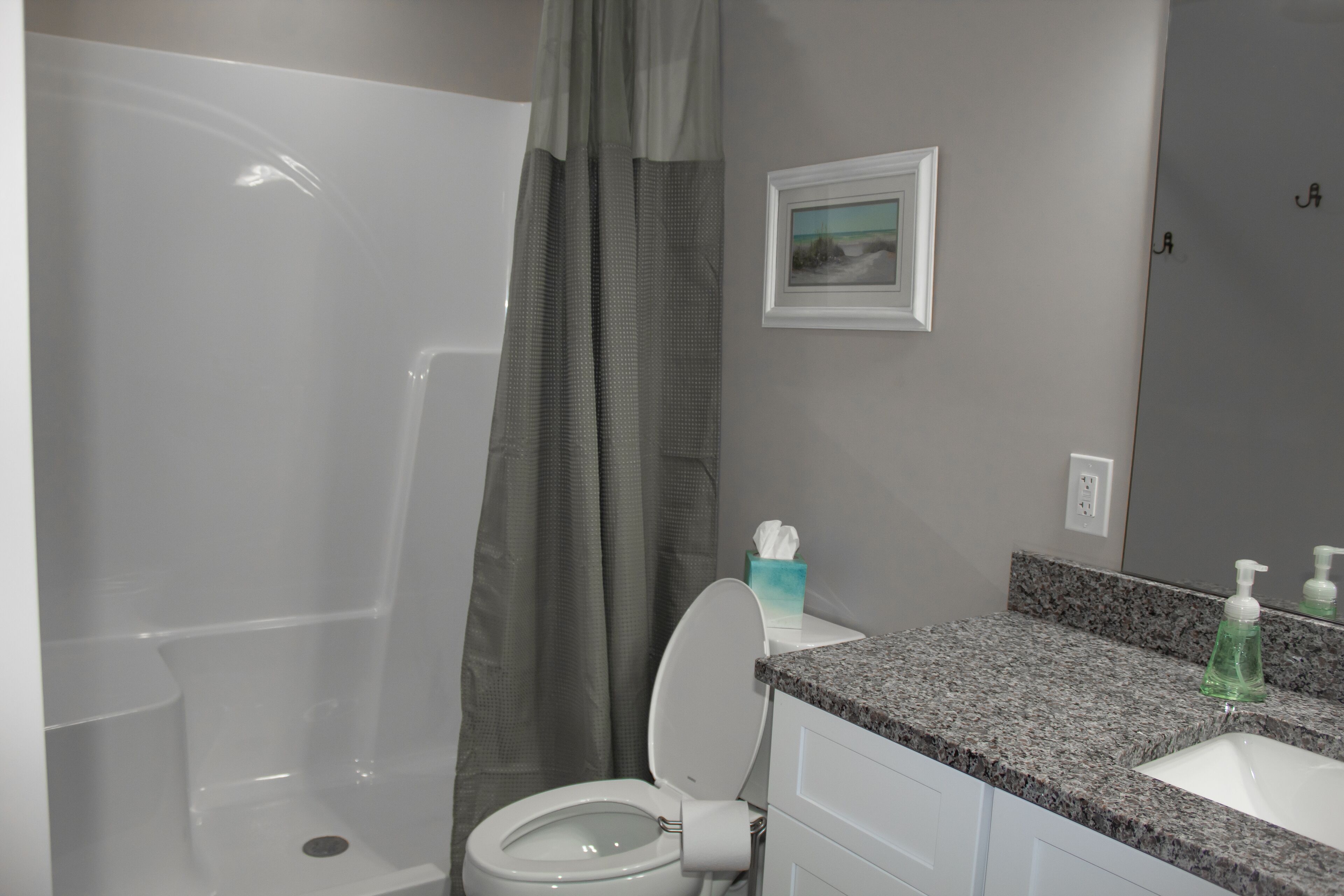 Shower, hair dryer, soap, shampoo