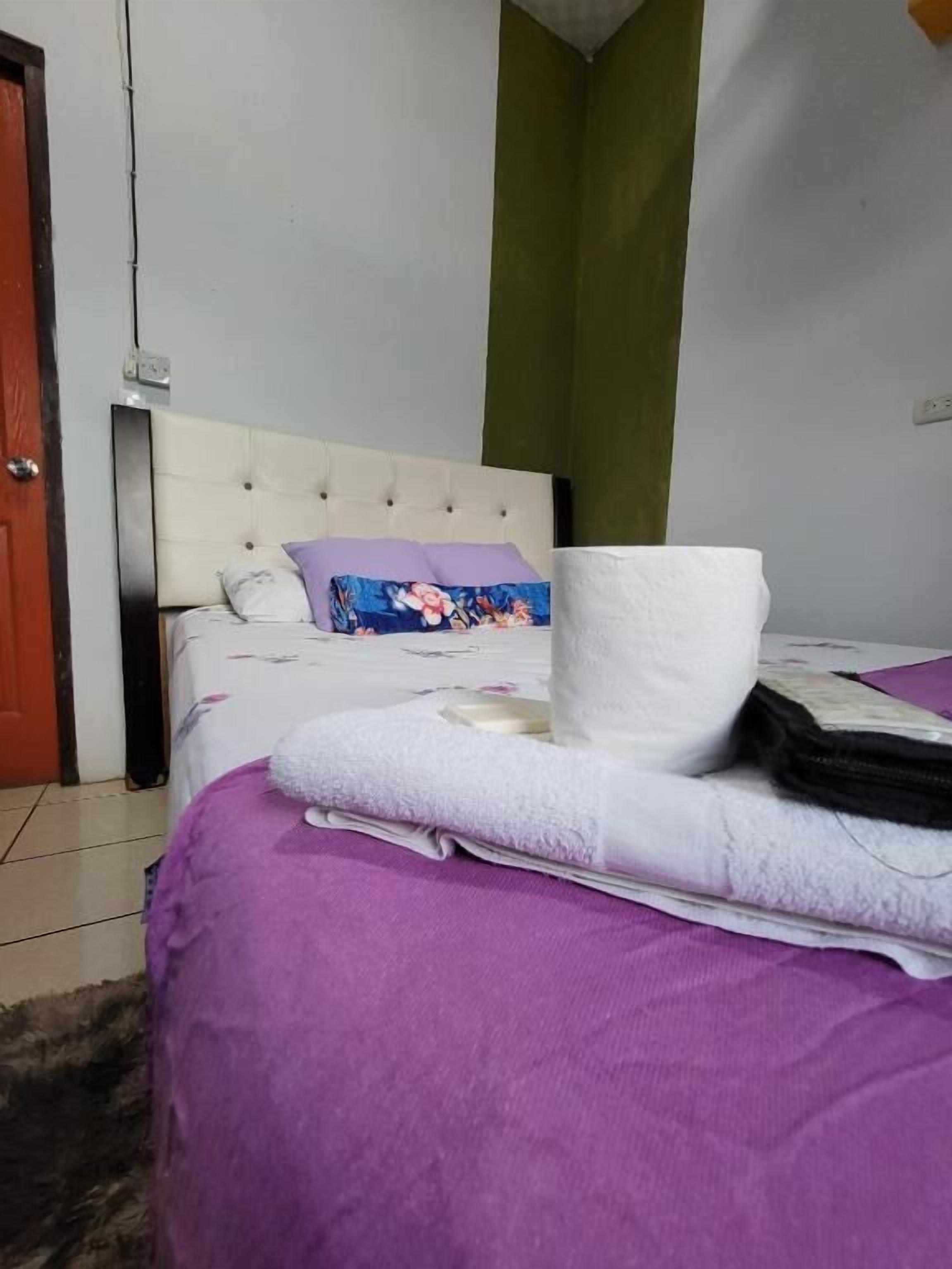A bedroom with a bed, a purple bedspread, a white pillow, and a floral pillow.