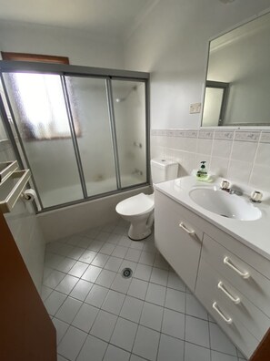 Shower, hair dryer, soap, shampoo