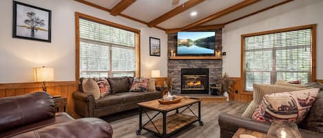 Smart TV, chimenea y libros