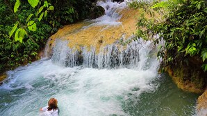 Una cascada en un entorno natural con una persona nadando en el agua.