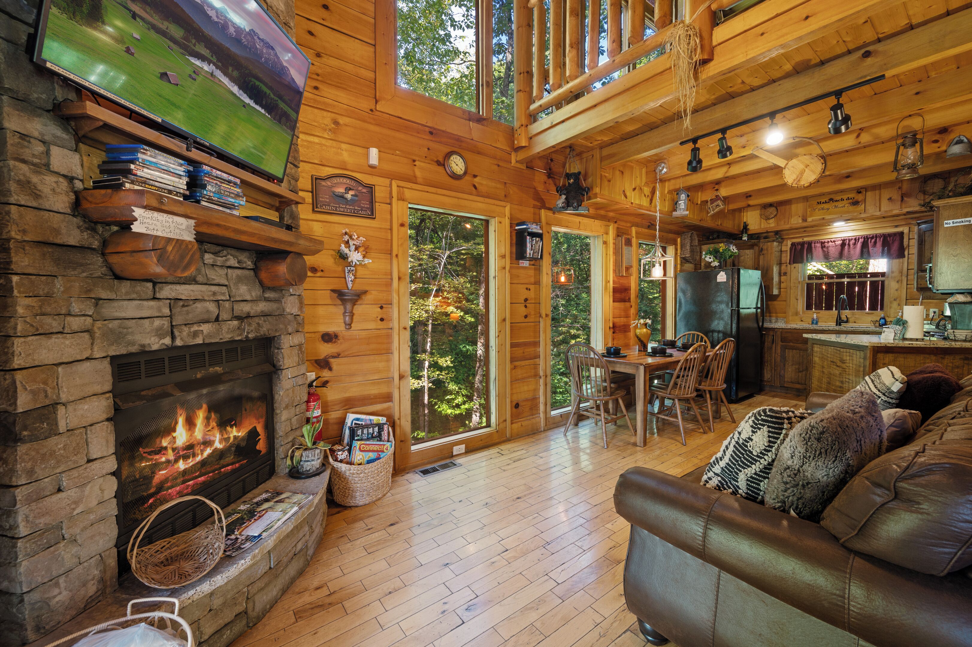 Smart TV, fireplace, video games, DVD player