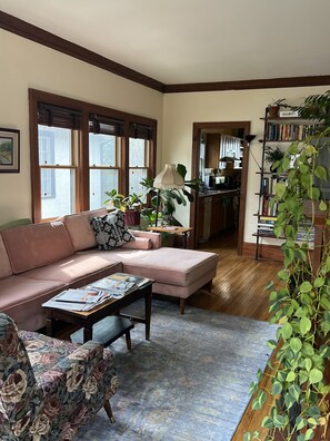 Smart TV, fireplace, books, music library
