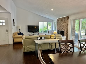 Smart TV, fireplace, table tennis, books
