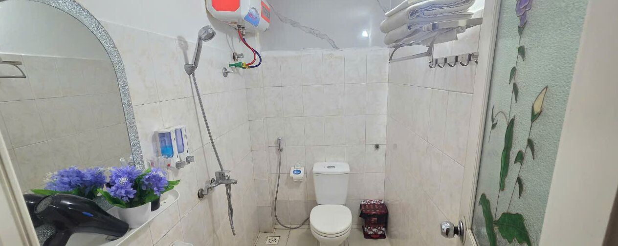 A modern bathroom with a shower, toilet, and sink.