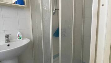A bathroom with a shower enclosure, a sink, and a mirror.