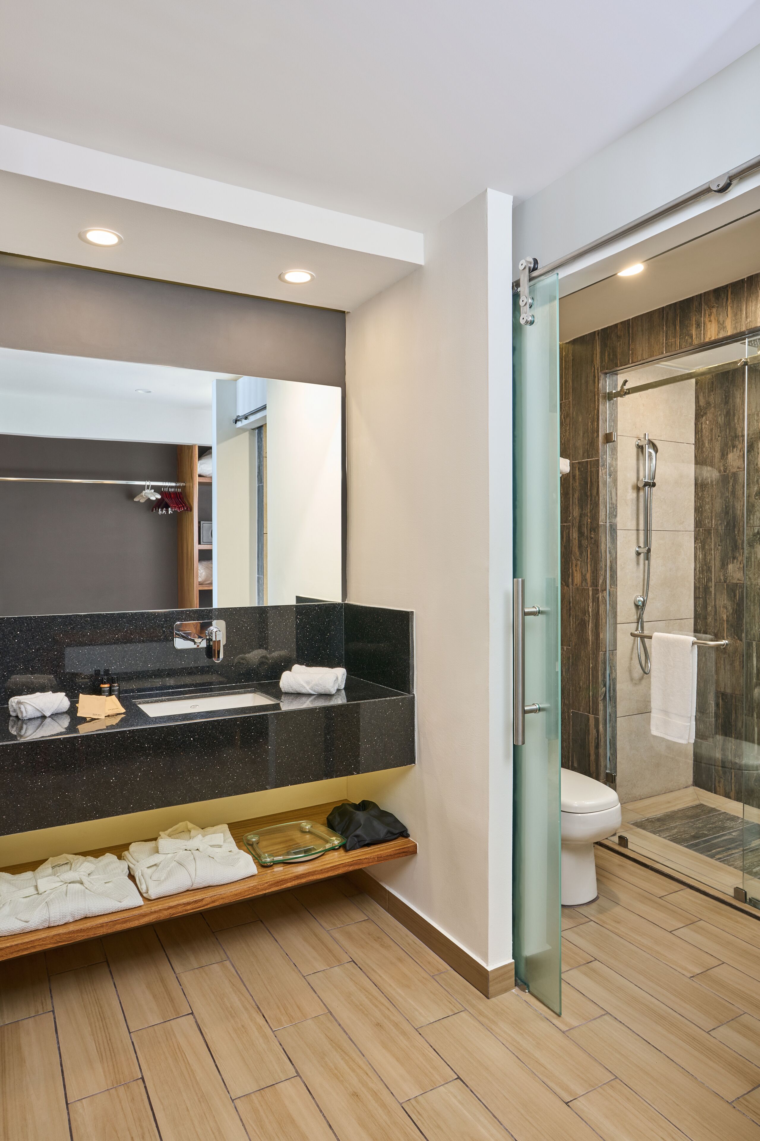 A modern bathroom with a glass shower enclosure, a large mirror, and a wooden vanity.