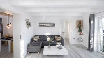 Tv, eldstad och en stereo