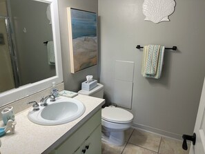 A bathroom with a sink, toilet, and a mirror. - Beachfront Venice Condo, Pool on the Beach, Walk to Downtown, Sunset Views (Venice)