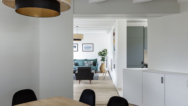 Uma sala de jantar moderna com mesa de madeira e cadeiras pretas, uma cozinha com armários brancos e uma sala de estar com sofá verde e uma planta grande.